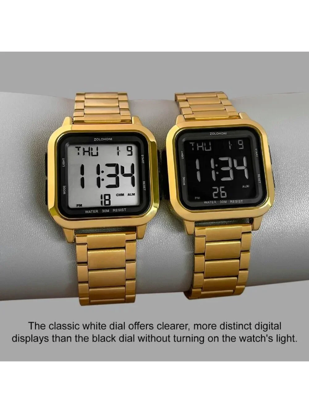 Men's Gold Analog Quartz Stainless Steel Waterproof Square LED Digital Watch